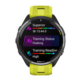 Garmin Forerunner 965, Carbon Gray DLC Titanium Bezel with Black Case and Amp Yellow/Black Silicone Band